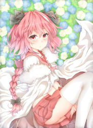 Rule 34 | 1boy, :o, ass, astolfo (fate), astolfo (sailor paladin) (fate), between legs, black ribbon, blue flower, blush, braid, cloak, collarbone, fate/grand order, fate (series), flower, from above, fur-trimmed cloak, fur trim, grass, hair between eyes, hair ribbon, highres, kaname game etc, knees up, light particles, long hair, looking at viewer, looking to the side, lying, male focus, miniskirt, multicolored hair, neckerchief, official alternate costume, on side, pink eyes, pink hair, pink neckerchief, pleated skirt, red sailor collar, red skirt, ribbon, sailor collar, school uniform, serafuku, single braid, skirt, solo, streaked hair, thighhighs, trap, white cloak, white hair, white thighhighs, yellow flower