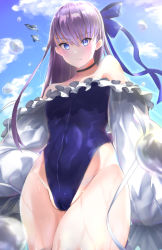 Rule 34 | 1girl, absurdres, bare shoulders, bird, blue eyes, blue ribbon, blue sky, blush, breasts, cameltoe, choker, closed mouth, collarbone, fate/grand order, fate (series), flying, frilled one-piece swimsuit, frills, hair ribbon, highleg, highleg swimsuit, highres, johnny (pixiv16641601), long hair, long sleeves, looking at viewer, meltryllis, meltryllis (fate), meltryllis (swimsuit lancer) (fate), meltryllis (swimsuit lancer) (second ascension) (fate), off-shoulder one-piece swimsuit, off shoulder, one-piece swimsuit, penguin, puffy sleeves, purple hair, revision, ribbon, sky, sleeves past fingers, sleeves past wrists, small breasts, swimsuit, thighs, very long hair, wet, white ribbon