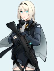 Rule 34 | 1girl, absurdres, an-94, an-94 (girls&#039; frontline), assault rifle, blue background, blue eyes, cape, girls&#039; frontline, gloves, grey thighhighs, gun, hairband, highres, holding, holding gun, holding weapon, long hair, long sleeves, looking at viewer, rifle, silver hair, simple background, solo, standing, thighhighs, toby000777, trigger discipline, weapon