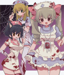 Rule 34 | 3girls, anchovy (girls und panzer), animal ears, apron, bandaged arm, bandages, black hair, blonde hair, blood, blood bag, blood on clothes, bloody clothes, bloody dress, blue dress, blue headwear, braid, brown eyes, carpaccio (girls und panzer), commentary, dress, drill hair, frilled dress, frills, girls und panzer, green eyes, green hair, hair ribbon, halloween, halloween costume, hat, highres, holding, holding stethoscope, holding syringe, long hair, looking at viewer, maid apron, microdress, multiple girls, nurse cap, open mouth, pepperoni (girls und panzer), pink headwear, pink ribbon, pink theme, print headwear, puffy short sleeves, puffy sleeves, red eyes, ri (qrcode), ribbon, short dress, short sleeves, side braid, silk, smile, spider web, standing, stethoscope, syringe, thighhighs, twin drills, twintails, white apron, white dress, white headwear, white thighhighs, wolf ears