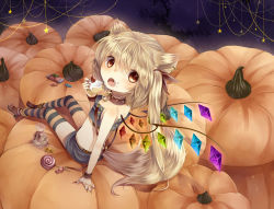 Rule 34 | 1girl, animal ears, arm support, bad id, bad pixiv id, blonde hair, blush, cake, candy, collar, ear piercing, embodiment of scarlet devil, fang, female focus, flandre scarlet, food, food on face, from above, fruit, hair ribbon, halloween, highres, lollipop, looking up, open mouth, outdoors, piercing, pumpkin, red eyes, ribbon, short hair, shorts, side ponytail, sitting, skirt, sky, solo, spiked collar, spikes, star (symbol), strawberry, striped clothes, striped thighhighs, sweets, swirl lollipop, tail, tepes, thighhighs, touhou, wings, wrist cuffs