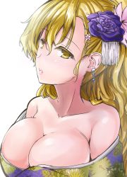 Rule 34 | 1girl, alternate costume, alternate hairstyle, bare shoulders, blonde hair, blush, breasts, cleavage, collarbone, colored eyelashes, ear piercing, floral print, flower, from side, hair between eyes, hair flower, hair ornament, highres, japanese clothes, kimono, large breasts, long hair, looking at viewer, looking to the side, nose blush, off shoulder, one-hour drawing challenge, parted lips, piercing, solo, touhou, upper body, y2, yakumo yukari, yellow eyes
