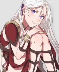 Rule 34 | 1girl, alternate costume, bracelet, closed mouth, collarbone, commentary, dancer (fire emblem: three houses), dress, edelgard von hresvelg, feet out of frame, fire emblem, fire emblem: three houses, grey background, hair ribbon, hands on own knees, highres, jewelry, knees together feet apart, long hair, looking at viewer, neck ring, nintendo, own hands together, parted bangs, peach11 01, purple eyes, purple ribbon, red dress, ribbon, shadow, simple background, sitting, sleeveless, sleeveless dress, smile, solo, straight hair, twitter username, white hair