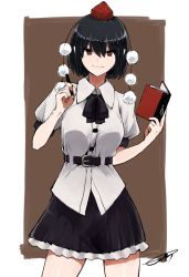 Rule 34 | 1girl, artist name, belt, black hair, collared shirt, cowboy shot, dress shirt, eyebrows, hat, looking at viewer, miniskirt, notebook, pen, pom pom (clothes), puffy short sleeves, puffy sleeves, red eyes, shameimaru aya, shirt, short hair, short sleeves, skirt, smile, solo, tebukuro withana, tokin hat, touhou