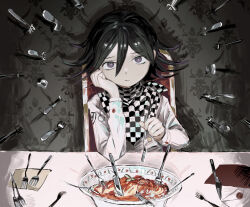 Rule 34 | 1boy, :/, black hair, chair, checkered clothes, checkered scarf, closed mouth, danganronpa (series), danganronpa v3: killing harmony, flipped hair, food, fork, frown, grey jacket, hair between eyes, hand up, highres, holding, holding fork, indoors, jacket, knife, long sleeves, male focus, oma kokichi, pasta, sa (pixiv 89232413), scarf, solo, spaghetti, table