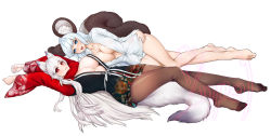 Rule 34 | 2girls, absurdres, animal ears, arms up, barefoot, black legwear, blade &amp; soul, blue eyes, blue hair, breasts, character request, cleavage, commission, crossover, dress shirt, dungeon and fighter, feet, full body, hand on own hip, highres, inpel, japanese clothes, kimono, large breasts, legs, long hair, lying, lyn (blade &amp; soul), multiple girls, no bra, no pants, no shoes, on back, on side, open clothes, open kimono, open mouth, open shirt, panties, pantyhose, red eyes, red scarf, scarf, shirt, short kimono, short yukata, simple background, smile, squirrel ears, squirrel tail, tail, toes, unbuttoned, underwear, white background, white hair, white panties, white shirt, wolf ears, wolf tail, yukata