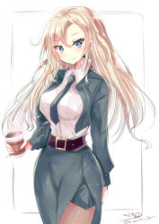 Rule 34 | 1girl, absurdres, belt, belt buckle, black belt, black jacket, black necktie, black pantyhose, blonde hair, blue eyes, blush, buckle, closed mouth, coffee, coffee cup, collared shirt, cup, disposable cup, highres, hizaka, holding, holding cup, hornet (kancolle), jacket, kantai collection, long hair, long sleeves, necktie, one-hour drawing challenge, open clothes, open jacket, pantyhose, shirt, signature, smile, solo, twitter username, white shirt