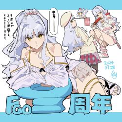 1girl absurdres bare_shoulders caren_hortensia caren_hortensia_(amor_caren) caren_hortensia_(amor_caren)_(first_ascension) caren_hortensia_(hot_springs_table_tennis) chibi collarbone commentary_request dated fate/grand_order fate_(series) flag hair_ornament hair_scrunchie hat heart highres holding holding_flag holding_paddle long_hair long_sleeves looking_at_viewer multiple_views noko_morokoshi paddle plaid_clothes plaid_skirt pleated_skirt ponytail red_scrunchie sandals scrunchie skirt slippers smile table_tennis_paddle translation_request wavy_hair white_hair yellow_eyes