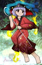 Rule 34 | 1girl, aurora artz, barefoot, black hat, bowl, bowl hat, closed mouth, commentary, english commentary, full body, hat, holding, holding needle, japanese clothes, kimono, long sleeves, looking to the side, needle, purple hair, red eyes, red kimono, short hair, signature, smile, solo, sukuna shinmyoumaru, touhou, wide sleeves, zun (style)