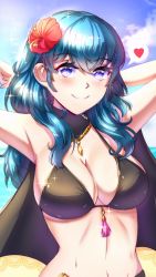 Rule 34 | 1girl, anisdrawn, arms up, bad id, bad twitter id, bare shoulders, bikini, black bikini, blue eyes, blue hair, blue sky, blush, breasts, byleth (female) (fire emblem), byleth (female) (summer) (fire emblem), byleth (fire emblem), cloud, day, fire emblem, fire emblem: three houses, fire emblem heroes, flower, hair flower, hair ornament, heart, hibiscus, highres, large breasts, long hair, looking at viewer, navel, nintendo, official alternate costume, outdoors, red flower, sky, smile, solo, sparkle, spoken heart, stomach, swimsuit, upper body