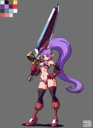 Rule 34 | 1girl, bikini, breasts, earrings, elbow gloves, full body, gloves, hand on own hip, high heels, highres, holding, holding sword, holding weapon, huge weapon, jewelry, large breasts, long hair, mabius, navel, original, pixel art, pointy ears, ponytail, purple hair, red bikini, red eyes, red gloves, simple background, solo, standing, swimsuit, sword, thighhighs, very long hair, weapon