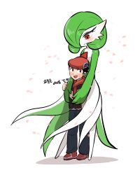 Rule 34 | 1boy, 1girl, absurdres, arm at side, beret, black eyes, black hair, black shirt, blue pants, blush, bob cut, closed mouth, colored skin, creatures (company), ddingyong, eye contact, falling petals, flat chest, full body, game freak, gardevoir, gen 3 pokemon, green hair, green skin, hair over one eye, half-closed eyes, hand on another&#039;s hand, hand up, happy, hat, height difference, highres, hug, hug from behind, korean text, looking at another, looking back, looking down, looking up, lucas (pokemon), matching hair/eyes, motion blur, multicolored skin, nintendo, one eye covered, open mouth, pants, petals, poke ball symbol, pokemon, pokemon (creature), pokemon dppt, red eyes, red footwear, red headwear, red scarf, scarf, shirt, shoes, short hair, simple background, sketch, smile, standing, talking, teeth, translation request, two-tone skin, white background, white skin