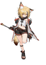 Rule 34 | 1girl, absurdres, animal ears, arknights, arrow (projectile), bare shoulders, blonde hair, cape, female focus, fox ears, fox girl, fox tail, full body, highres, kentllaall, looking at viewer, material growth, mechanical arms, midriff, notched ear, orange eyes, oripathy lesion (arknights), quiver, sandals, shorts, simple background, single mechanical arm, solo, tail, vermeil (arknights), white background