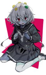 Rule 34 | 1girl, grey hair, grey serafuku, highres, konno junko, long hair, long sleeves, looking at viewer, low twintails, mushroom on head, neckerchief, patchwork skin, pink background, pleated skirt, red eyes, sailor collar, school uniform, serafuku, shisoneri, sitting, skirt, solo, stitched face, stitched leg, stitches, twintails, twitter username, two-tone background, wariza, white background, zombie, zombie land saga