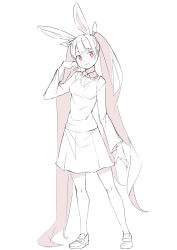 Rule 34 | 1girl, absurdly long hair, animal ears, blunt bangs, blush, breasts, closed mouth, collared shirt, dress shirt, full body, hand up, head tilt, long hair, long sleeves, original, pleated skirt, rabbit ears, red eyes, saiste, shirt, shoes, simple background, skirt, small breasts, smile, solo, standing, sweater, twintails, very long hair, white background, wide sleeves