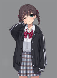 Rule 34 | 1girl, ;(, arm up, black jacket, blue skirt, blush, bow, bowtie, braid, brown hair, closed mouth, collared shirt, commentary request, cowboy shot, green eyes, grey background, head tilt, highres, jacket, long hair, long sleeves, looking at viewer, open clothes, open jacket, original, plaid, plaid skirt, pleated skirt, red bow, red neckwear, shirt, simple background, skirt, sleeves past wrists, striped bow, striped bowtie, striped clothes, striped neckwear, twin braids, unbuttoned, white shirt, yahiro (epicopeiidae)