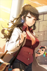 Rule 34 | 1girl, bag, breasts, brown eyes, brown hair, cellphone, cleavage, coat, dress shirt, earrings, handbag, jewelry, large breasts, long hair, lowres, messenger bag, open clothes, open shirt, phone, shirt, shorts, shoulder bag, solo, sword girls
