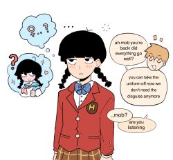 Rule 34 | ..., 2boys, ?, black eyes, black hair, blazer, blonde hair, blue bow, blue bowtie, blush, bow, bowtie, braid, brown skirt, buttoned cuffs, buttons, closed eyes, commentary, crossdressing, english commentary, english text, heart, highres, imagining, jacket, kageyama shigeo, kaogens, male focus, mob psycho 100, multiple boys, open mouth, red jacket, reigen arataka, school uniform, short hair, simple background, skirt, smile, speech bubble, thought bubble, twin braids, venus symbol, white background