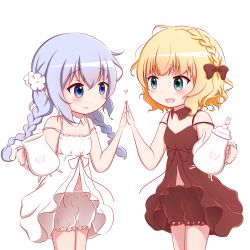 Rule 34 | 2girls, :d, alternate hairstyle, bare arms, bare shoulders, blonde hair, bloomers, blue eyes, blue hair, blush, bow, braid, breasts, brown bloomers, brown bow, brown collar, brown dress, closed mouth, collar, commentary, detached collar, dress, eye contact, gochuumon wa usagi desu ka?, goth risuto, hair bow, heart, high five, holding, kafuu chino, kirima syaro, long hair, looking at another, low twintails, matching outfits, multiple girls, open mouth, revision, simple background, sleeveless, sleeveless dress, small breasts, smile, teapot, twin braids, twintails, underwear, very long hair, white background, white bloomers, white collar, white dress
