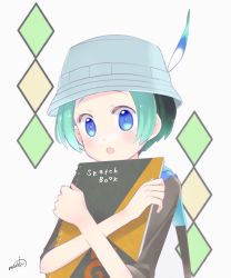 Rule 34 | 10s, :o, aqua hair, blue eyes, blush, hat feather, kemono friends, looking at viewer, male focus, hugging object, short hair, signature, sketchbook, solo, upper body, uzuki machi, very short hair, white background