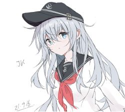 Rule 34 | 1girl, anchor symbol, black hat, black sailor collar, blue eyes, commentary request, core (mayomayo), dated, flat cap, hat, hibiki (kancolle), kantai collection, long hair, looking at viewer, neckerchief, red neckerchief, sailor collar, school uniform, serafuku, silver hair, simple background, solo, upper body, white background