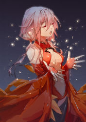 Rule 34 | 1girl, absurdres, bare shoulders, breasts, center opening, cowboy shot, detached sleeves, closed eyes, fingerless gloves, gloves, guilty crown, hair ornament, hairclip, highres, long hair, medium breasts, music, open mouth, pink hair, sao7, singing, solo, yuzuriha inori