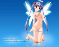 Rule 34 | 1girl, angel, angel wings, arms behind back, barefoot, blue background, blush, bow, bow bra, bow panties, bra, bra lift, breasts, character name, copyright name, djibril aries, feet, full body, glowing, glowing wings, gradient background, green eyes, hair ribbon, halo, hand on own chest, head tilt, jinno hikari, jpeg artifacts, kneeling, knees together feet apart, kuuchuu yousai, light purple hair, light smile, lingerie, long hair, looking at viewer, magical girl, makai tenshi djibril, makai tenshi djibril 2, narrow waist, navel, nipples, no pussy, nude, official art, official wallpaper, panties, panty pull, purple hair, reflection, ribbon, sidelocks, small breasts, smile, solo, strapless, strapless bra, thigh gap, tiptoes, twintails, underwear, underwear only, very long hair, white bra, white panties, wings