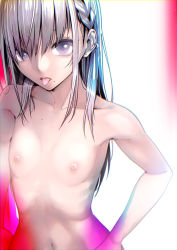 Rule 34 | 1girl, bare arms, bare shoulders, braid, character request, collarbone, completely nude, ear piercing, earrings, flat chest, grey hair, highres, jewelry, long hair, mole, mole under mouth, navel, nude, piercing, puyo (puyotopia), solo, tongue, tongue out, upper body, white background