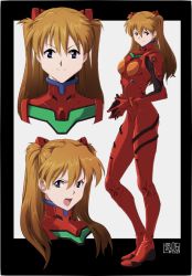 Rule 34 | 1girl, black background, blue eyes, bodysuit, breasts, closed mouth, dated, gloves, hair ornament, long hair, looking at viewer, neon genesis evangelion, open mouth, orange hair, osanpogakari, plugsuit, red bodysuit, smile, solo, souryuu asuka langley, white background