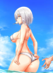 Rule 34 | 10s, 1girl, adjusting clothes, adjusting swimsuit, alternate costume, arm at side, ass, bare arms, bare legs, bikini, blue eyes, breasts, cloud, cloudy sky, day, e-kichi, food, from behind, hair ornament, hairclip, halterneck, hamakaze (kancolle), highres, jewelry, kantai collection, large breasts, looking away, micro bikini, midriff, mouth hold, out of frame, partially submerged, popsicle, ring, sexual harassment, short hair, sideboob, silver hair, sky, solo focus, swimsuit, thighs, underboob, wading, water, wedding band, wet, white bikini