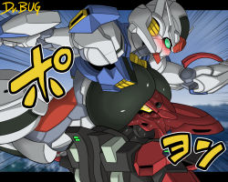 Rule 34 | 2others, assault visor, blush, breasts squeezed together, breasts, darilbalde, dr. bug, embarrassed, gundam, gundam aerial, gundam suisei no majo, horns, huge breasts, humanoid robot, large breasts, mecha, mobile suit, multiple others, no humans, robot, squeezing, sweat, translation request