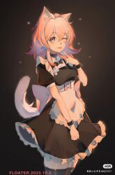 Rule 34 | 1girl, absurdres, alternate costume, animal ears, apron, black bow, black bowtie, black choker, black dress, black thighhighs, bow, bowtie, cat ears, cat tail, choker, commentary request, cowboy shot, dress, enmaided, floater (floater80012059), highres, honkai: star rail, honkai (series), kemonomimi mode, long hair, looking at viewer, maid, march 7th (honkai: star rail), one eye closed, pink hair, purple eyes, solo, standing, tail, thighhighs, waist apron, white apron, zettai ryouiki
