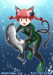 Rule 34 | 1girl, :d, ?, air bubble, alternate costume, animal ears, black bow, bodysuit, bow, braid, bubble, cat ears, cat tail, diving, diving suit, fang, fish, freediving, hair bow, kaenbyou rin, kousei (public planet), multiple tails, nekomata, open mouth, red eyes, red hair, smile, solo, submerged, swimming, tail, touhou, twin braids, two tails, underwater, wetsuit