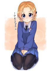 Rule 34 | 1girl, between legs, black bow, black necktie, black pantyhose, blue eyes, blue skirt, blue sweater, blush, bow, braid, commentary, dress shirt, emblem, food, frown, fruit, full body, girls und panzer, hair bow, hand between legs, highres, legs, light blush, long sleeves, looking at viewer, miniskirt, necktie, orange (fruit), orange background, orange hair, orange pekoe (girls und panzer), orange slice, outside border, pantyhose, parted lips, pleated skirt, school uniform, seiza, shirt, short hair, sitting, skirt, solo, st. gloriana&#039;s (emblem), st. gloriana&#039;s school uniform, sweater, toon (noin), translated, twin braids, v-neck, v arms, white shirt, wing collar