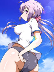 Rule 34 | 1girl, adjusting clothes, ahoge, aimo (aimo1214), ass, blue buruma, blue sky, breasts, buruma, closed mouth, commentary request, covered erect nipples, day, from behind, grey buruma, gym uniform, highres, lens flare, light purple hair, long hair, looking at viewer, looking back, medium breasts, narrow waist, outdoors, purple eyes, senki zesshou symphogear, shiny skin, shirt, skindentation, sky, solo, standing, twintails, very long hair, white shirt, wide hips, yukine chris