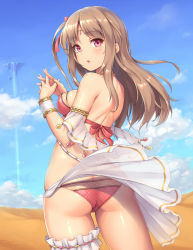 Rule 34 | 1girl, arabian clothes, ass, bare shoulders, bikini, blush, breasts, brown hair, cloud, cloudy sky, commentary request, cowboy shot, day, desert, fingernails, floating island, from behind, hair ribbon, halterneck, interlocked fingers, jewelry, long fingernails, long hair, looking at viewer, looking back, medium breasts, one side up, open mouth, original, outdoors, pink eyes, red eyes, red ribbon, ribbon, sasaame, see-through, shiny skin, shoulder blades, sideboob, sky, solo, standing, swimsuit, thigh strap