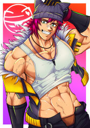 Rule 34 | 1boy, abs, bandaid, bandaid on face, bandaid on nose, bara, black gloves, black jacket, black pants, covered erect nipples, cropped jacket, fur-trimmed jacket, fur trim, gloves, green eyes, hat, heartsteel (league of legends), heartsteel sett, highres, jacket, jewelry, large pectorals, league of legends, male focus, muscular, muscular male, necklace, official alternate costume, open clothes, pants, pectorals, pink hair, sett (league of legends), short hair, smile, solo, tank top, teeth, tofuboyz, white tank top