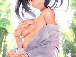 Rule 34 | 1girl, bare shoulders, black hair, blue eyes, blush, breast hold, breasts, clenched hand, collarbone, commentary request, covering privates, covering breasts, day, deep skin, hand up, head out of frame, highres, japanese clothes, large breasts, lips, long hair, long sleeves, looking at viewer, miko, nontraditional miko, off shoulder, original, orihi chihiro, outdoors, parted lips, ribbon-trimmed sleeves, ribbon trim, sideboob, solo, teeth, twintails, wide sleeves