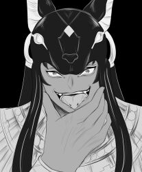 1boy absurdres ancient_egyptian ancient_egyptian_clothes animal_head anubis_(shuumatsu_no_valkyrie) armlet chin_piercing collarbone dark-skinned_male dark_skin fangs greyscale hand_on_chin hand_on_own_chin helmet highres jackal_boy jewelry looking_at_viewer male_focus monochrome muscular muscular_male open_mouth pectorals piercing shuumatsu_no_valkyrie solo tongue tongue_out tongue_piercing upper_body usekh_collar