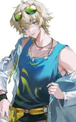 Rule 34 | 1boy, absurdres, animal ears, arknights, bishounen, blonde hair, blue eyes, cowboy shot, dog boy, dog ears, dog tags, eyewear on head, highres, jacket, jewelry, kokuu00, male focus, necklace, open clothes, open jacket, open mouth, short hair, simple background, solo, sunglasses, tank top, tequila (arknights), tinted eyewear, white background
