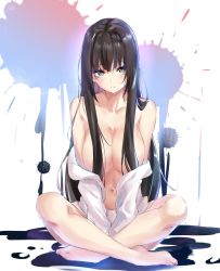 Rule 34 | 1girl, bare shoulders, black hair, blue eyes, breasts, cleavage, closed mouth, commentary request, crossed legs, green eyes, hair over breasts, highres, inkblot, large breasts, long hair, long sleeves, looking at viewer, multicolored eyes, navel, no bra, off shoulder, original, shirt, sitting, solo, spider apple, white shirt