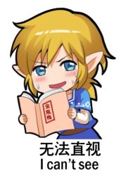 Rule 34 | 1boy, bilingual, blonde hair, blue eyes, blush, book, chinese text, english text, holding, holding book, jokanhiyou, link, looking at viewer, lowres, male focus, meme, mixed-language text, nintendo, open book, parted lips, pointy ears, short hair, solo, sweat, sweatdrop, the legend of zelda, the legend of zelda: breath of the wild, translation request