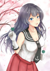 Rule 34 | 1girl, agano (kancolle), anchor symbol, arm up, black hair, black neckwear, black sailor collar, blue eyes, blush, branch, breasts, cherry blossoms, cleavage, collarbone, dango, day, food, gloves, hakama, hakama short skirt, hakama skirt, head tilt, highres, holding, holding food, japanese clothes, kantai collection, koru pera, large breasts, long hair, looking at viewer, open mouth, outdoors, pleated skirt, red skirt, sailor collar, sanshoku dango, shirt, skirt, sleeveless, sleeveless shirt, solo, standing, upper body, very long hair, wagashi, white gloves