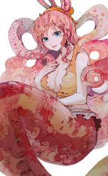 Rule 34 | 1girl, absurdres, blue eyes, breasts, fins, fish tail, hagoromo, hair rings, hand on own chest, hand up, highres, long hair, looking at viewer, mermaid, monster girl, one piece, patterned, patterned clothing, patterned hair, pink hair, shawl, shirahoshi, sitting, sleeveless, smile, solo, tail, white background, yadu nadu