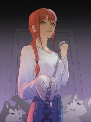 Rule 34 | 1girl, animal, blouse, braid, braided ponytail, breasts, brown hair, chain, chain leash, chainsaw man, collared shirt, denim, dog, femdom, highres, jeans, leash, light smile, long hair, long sleeves, looking at viewer, makima (chainsaw man), medium breasts, midoriz5, pants, pet, pov, ringed eyes, shirt, shirt tucked in, single braid, smile, solo, v-neck, viewer on leash, white shirt, yellow eyes