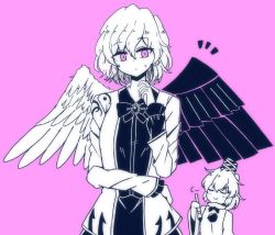 Rule 34 | 2girls, alternate eye color, angel wings, arm up, bow, bowtie, braid, calligraphy brush, closed mouth, commentary request, eyelashes, closed eyes, fake wings, feathered wings, feet out of frame, french braid, gurajio, half updo, hat, holding, holding brush, jacket, kishin sagume, long hair, long sleeves, mononobe no futo, multiple girls, notice lines, open clothes, open jacket, paintbrush, pink background, pink eyes, pom pom (clothes), ponytail, print jacket, short hair, simple background, single wing, smile, standing, sweatdrop, tate eboshi, touhou, turtleneck, wide sleeves, wings