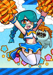 Rule 34 | 1girl, alternate costume, annie (skullgirls), blue background, braid, cheerleader, eyepatch, green hair, highres, imeni-art, knees together feet apart, looking at viewer, midriff, navel, open mouth, pom pom (cheerleading), sagan (skullgirls), skirt, skullgirls, smile, solo, star (symbol), thighhighs, twin braids, wristband, yellow eyes