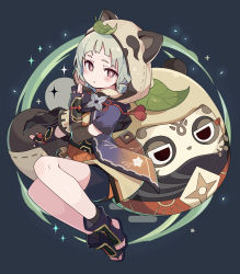 Rule 34 | 1girl, animal hood, blush, commentary, daruma doll, elbow gloves, fingerless gloves, floral print, full body, genshin impact, gloves, green hair, highres, hood, hood up, japanese clothes, leaf, leaf on head, looking at viewer, low twintails, red eyes, sayu (genshin impact), short hair, short twintails, shorts, simple background, sparkle, tassel, toeless footwear, twintails, yoshida makura