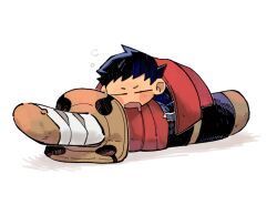 Rule 34 | 1boy, ace attorney, black hair, black jacket, blanket, blush, chibi, closed eyes, drooling, fingerless gloves, full body, gloves, jacket, katana, long sleeves, lying, male focus, on stomach, open mouth, ryunosuke naruhodo, short hair, simple background, single fingerless glove, sleeping, solo, sword, the great ace attorney, under covers, wahootarou, weapon, white background