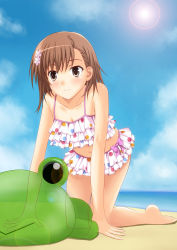 Rule 34 | 10s, 1girl, 2010, absurdres, all fours, bare legs, bare shoulders, barefoot, beach, bikini, blush, brown eyes, brown hair, collarbone, day, feet, frilled swimsuit, frills, gekota, hair ornament, hairpin, highres, kamiko to seiryoku, lens flare, misaka mikoto, navel, ocean, official alternate costume, outdoors, polka dot, polka dot swimsuit, sand, short hair, solo, stomach, sun, swimsuit, tankini, toaru majutsu no index, toes, water